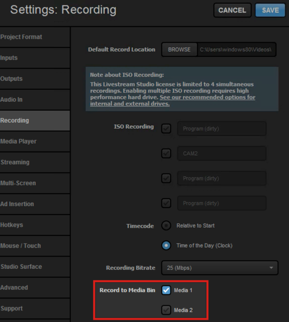 Studio recording settings window highlighting the record to media bin option with media 1 selected.