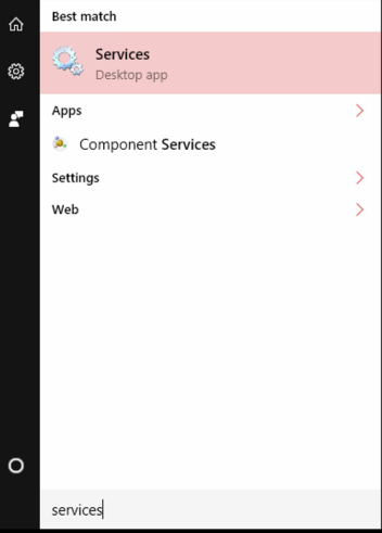 Windows start menu with Services desktop app highlighted