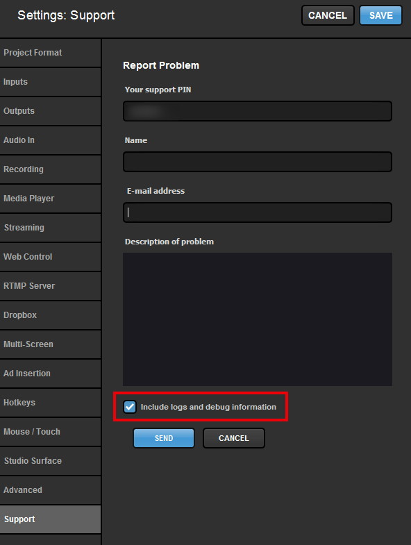 the report problem form, highlighting the checkbox labeled include logs and debug information