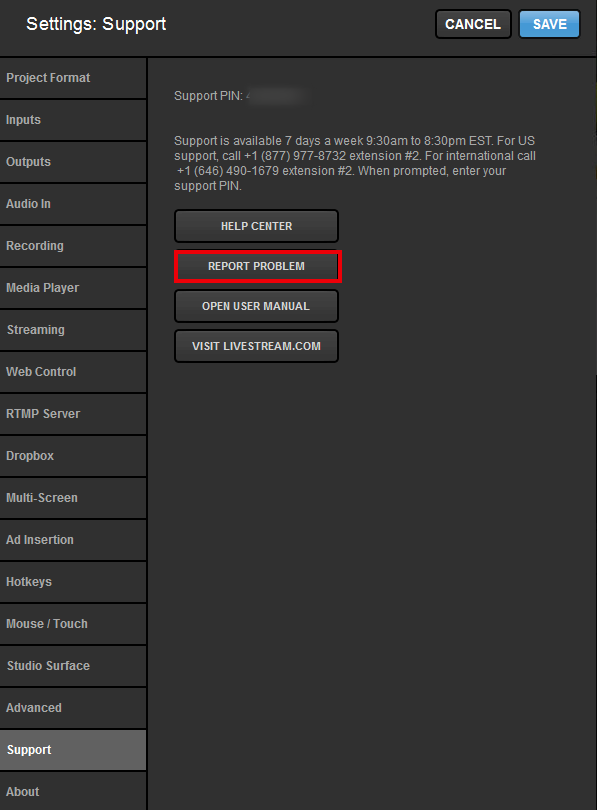 Studio settings on the support tab for legacy hardware units, highlighting the report problem button.