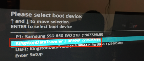 boot menu with Kingston Data Traveler highlighted