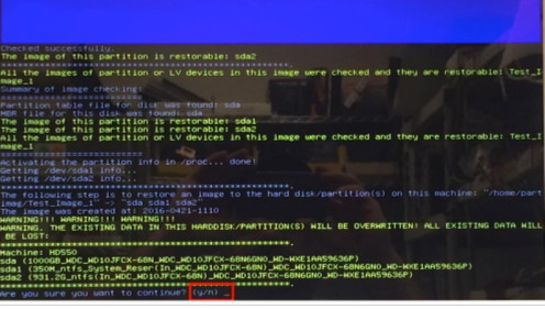 a screen showing the image is restorable with the y and n options highlighted