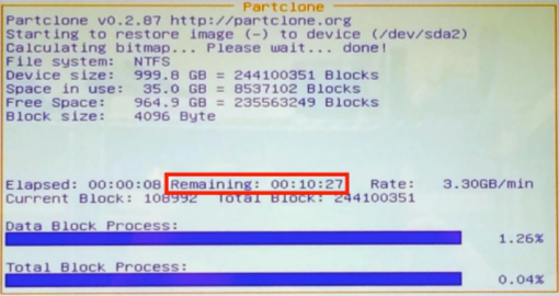 imaging process screen showing time remaining