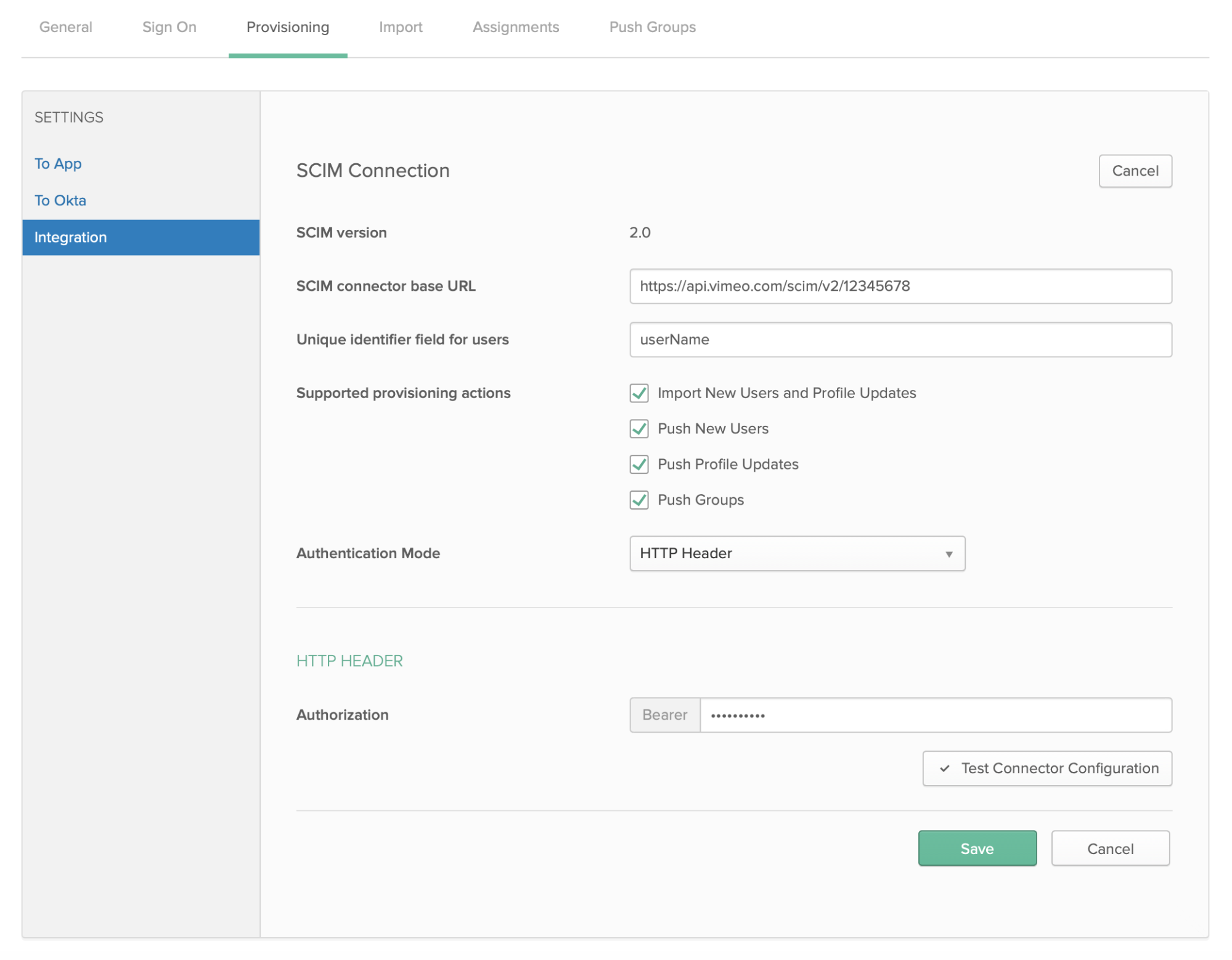 Página de configuración de aprovisionamiento de Okta, que muestra la página de integración y la URL de la API de ZenVideo ingresada en el campo URL base del conector SCIM .