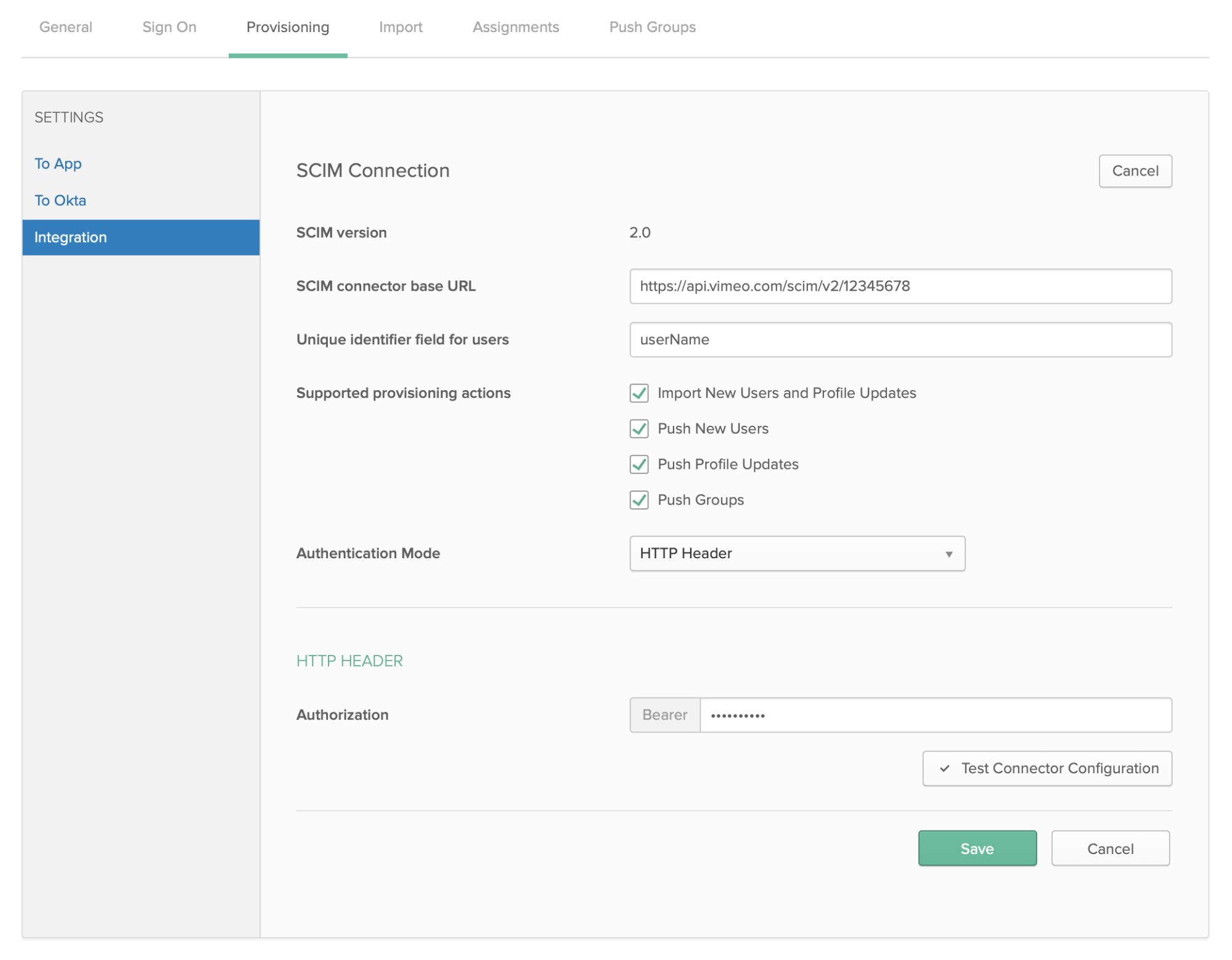 Página de configuración de aprovisionamiento de Okta, que muestra la página de integración y la URL de la API de Vimeo ingresada en el campo URL base del conector SCIM .