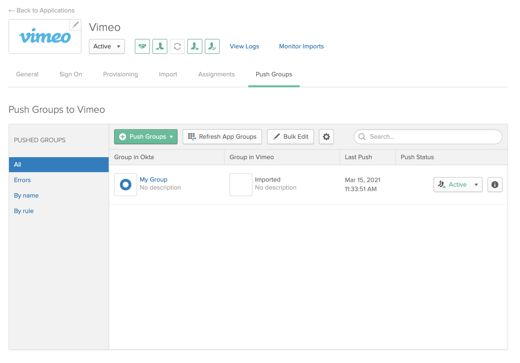 Página de configuración de Okta Push Groups, que muestra un grupo de ejemplo que se está enviando a Vimeo.