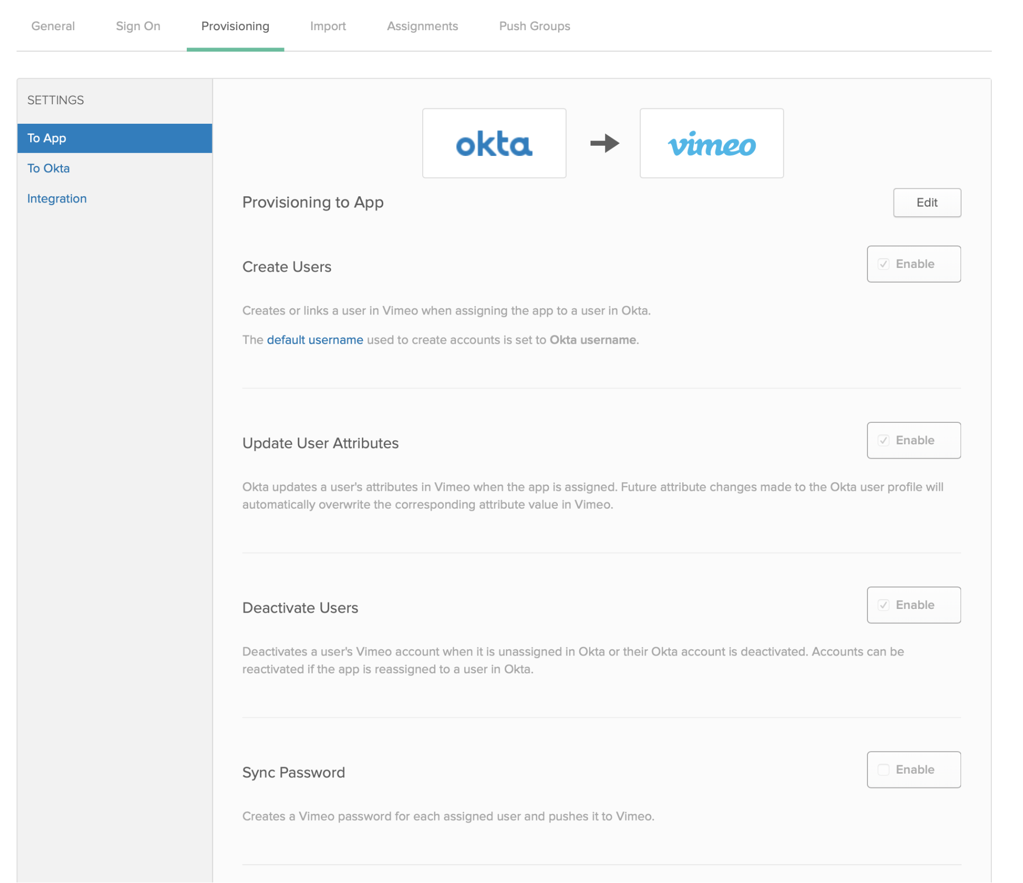 Página de configurações de provisionamento do Okta, mostrando a seção "Para aplicativo" com as opções Criar usuários, Atualizar atributos de usuário e desativar usuários, todas ativadas.