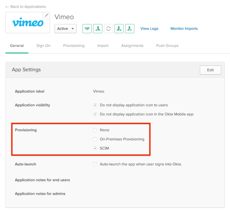 configuración general de Okta resaltando la configuración de aprovisionamiento con el botón de opción SCIM seleccionado.