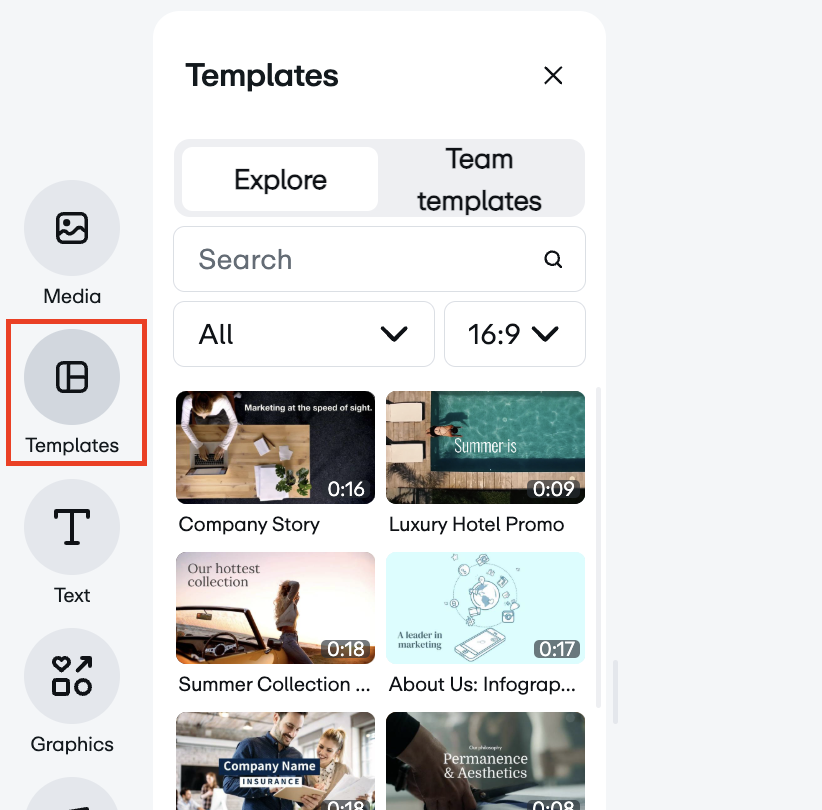 The video editor's interface with the 'Templates' tab highlighted in the left-hand navigation bar. The expanded menu displays template filters, including 'All', '16:9' aspect ratio, and a search bar
