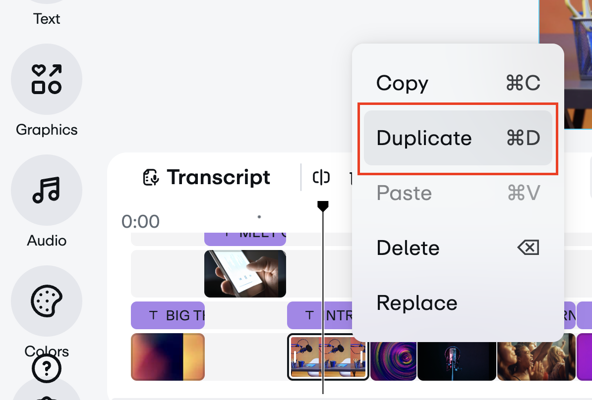 A clip selected in the timeline. The Right-click menu is open with options to copy, duplicate, paste, delete, and replace the selected element. 'Duplicate' is highlighted.