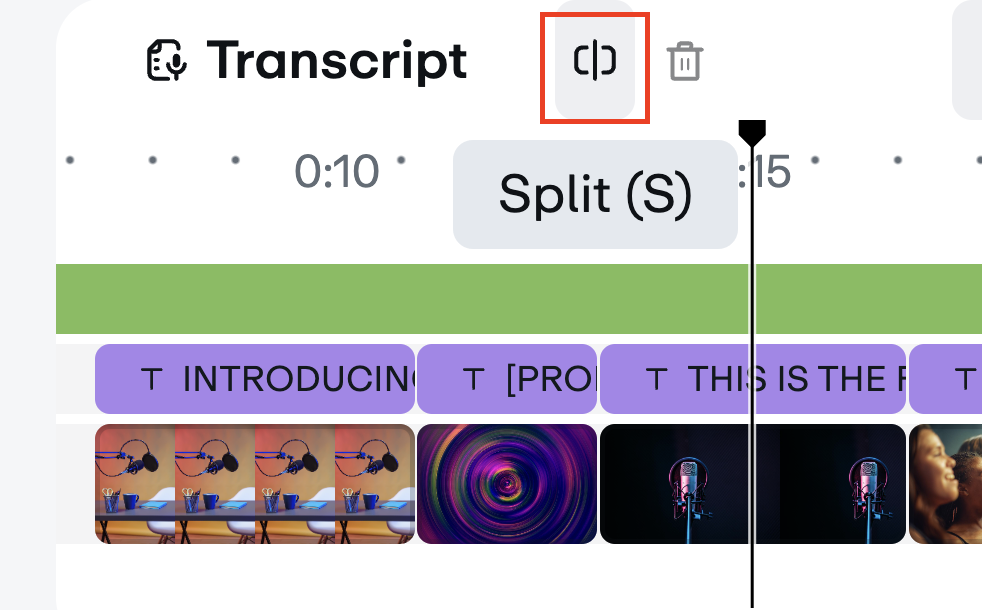 A clip selected on the Timeline with the Split button highlighted. Use the 'Split (S)' button to divide into separate sections at the current playhead position.