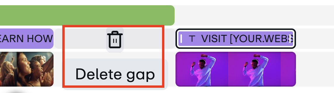 In the video editor timeline, a gap is highlighted between two clips. Click the trash can icon labeled 'Delete gap' to remove the empty space and join the clips together.