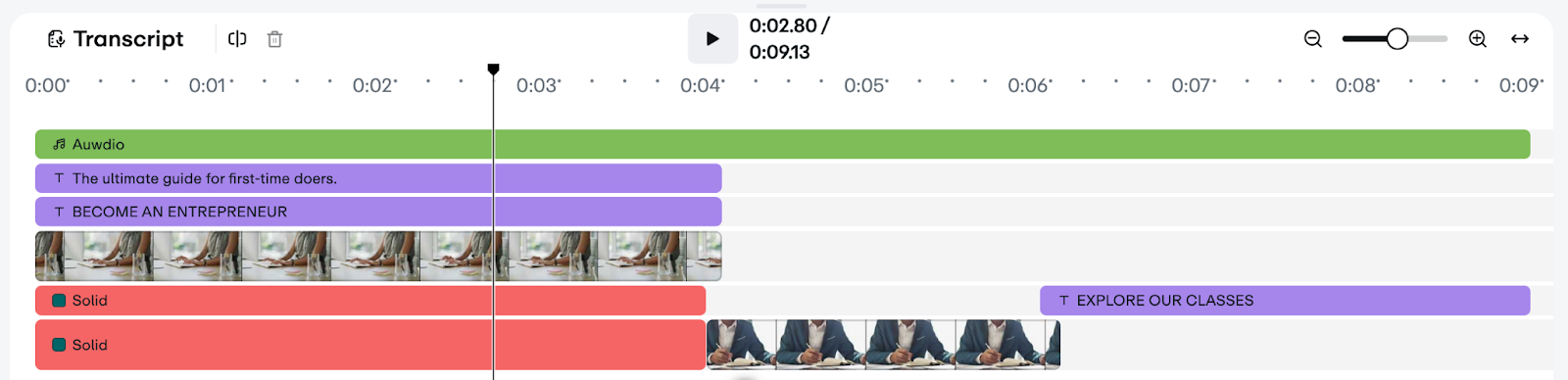 Multitrack video editing timeline with separate tracks for audio, video clips, and text elements.