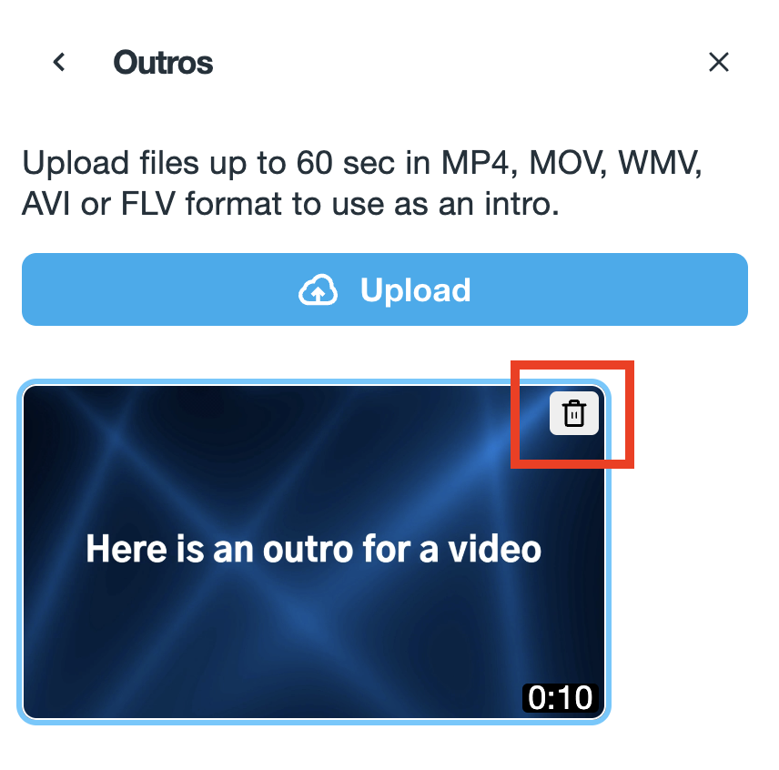 A trash can icon at the top-right of the clip preview indicates the button for deleting the selected outro video.