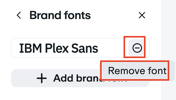 Remove font button.  A minus icon in a circle next to the font name indicates the option to remove the font from the brand font list