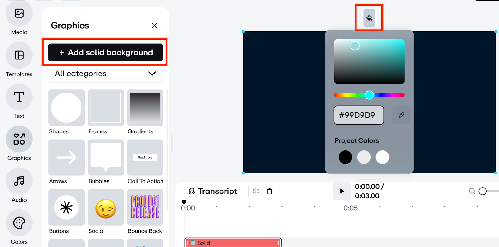 The graphics menu in the video editor with a button labeled '+Add solid background'. This feature allows users to insert a solid color background behind their video content. width=