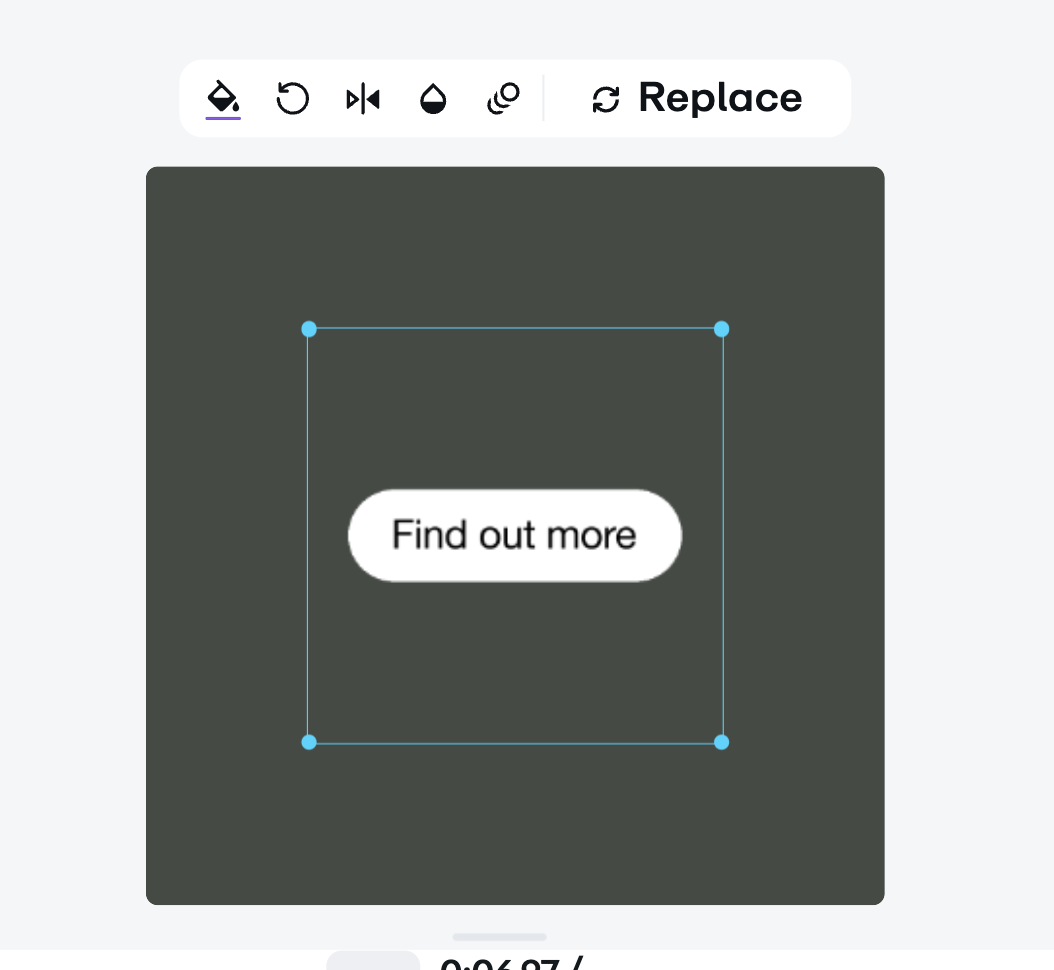 A rectangular graphic with a 'Find out more' button is selected within a bounding box. The bounding box has four anchor points for resizing and repositioning the graphic.