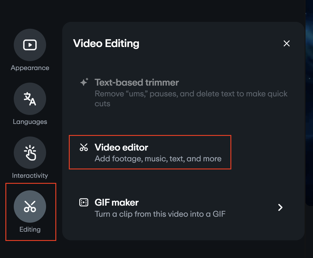  Menu d'édition vidéo avec l'option « Éditeur vidéo » en surbrillance.