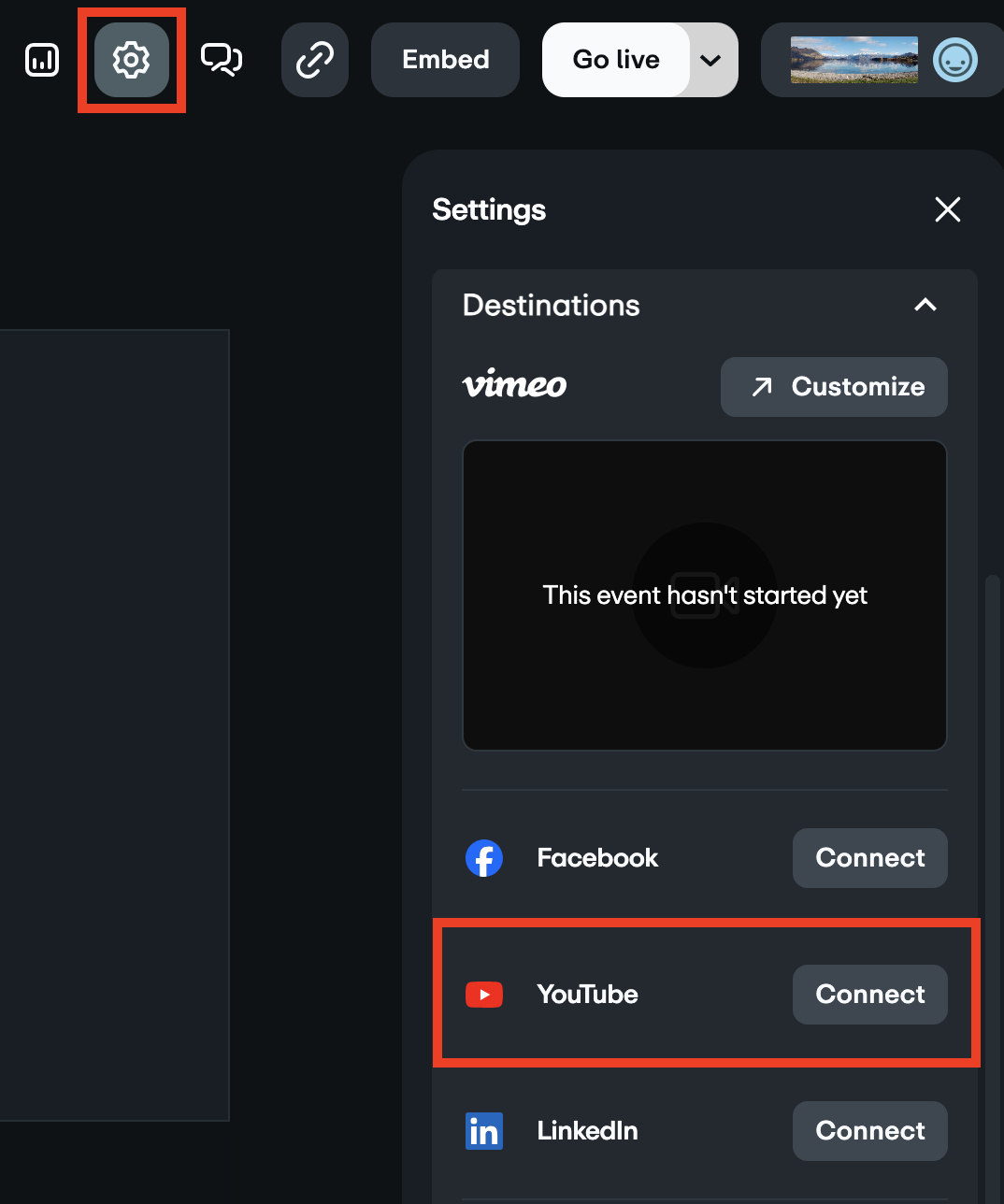 Screenshot highlighting the gearwheel icon at the top of the live settings page, followed by the YouTube option under the Destinations panel on the right side of the page.