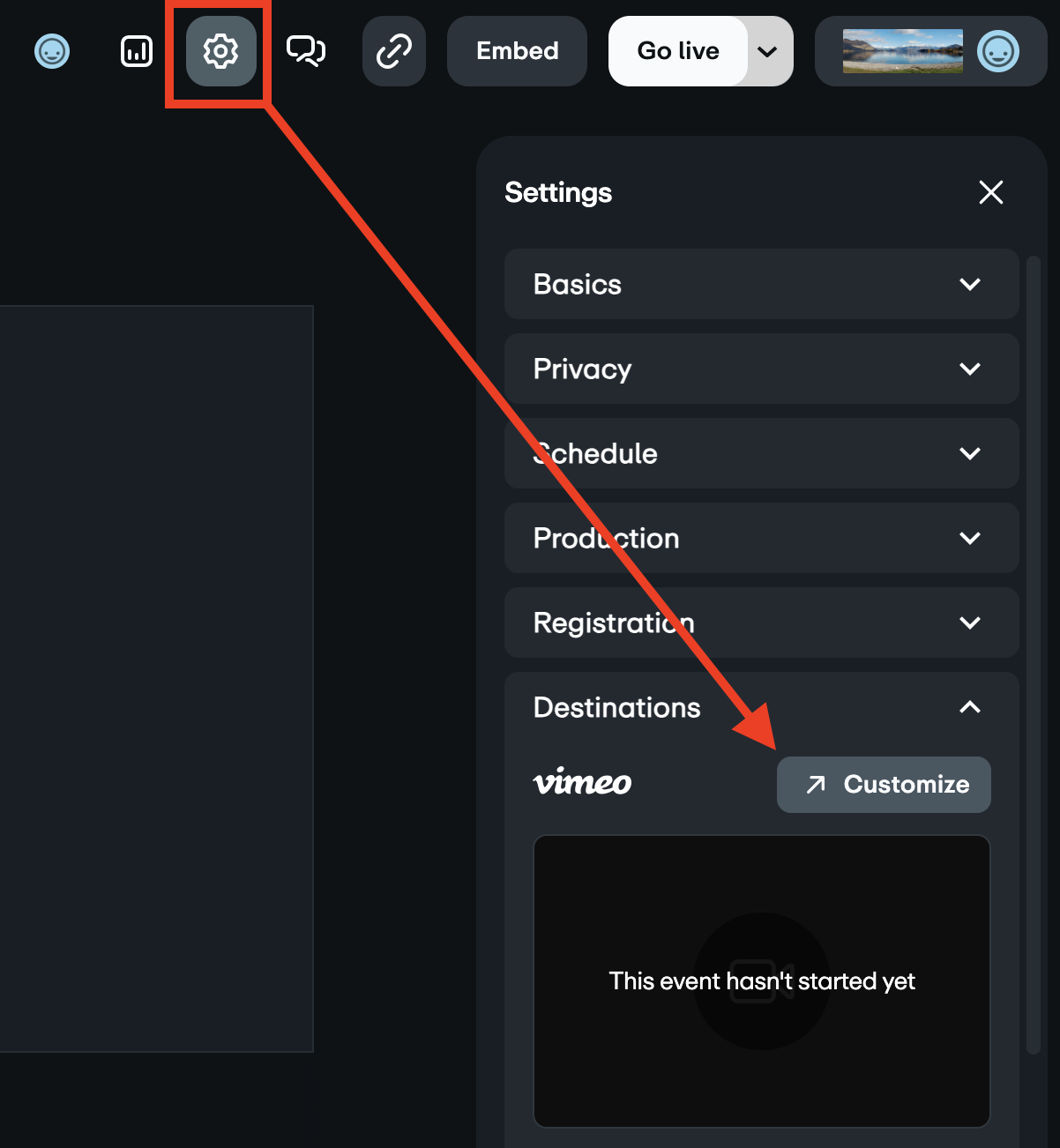 Screenshot highlighting the settings gear at the top of the event settings page. It shows an arrow pointing from the settings gear towards the Customize button, which is inside the Destinations panel on the right-hand menu.