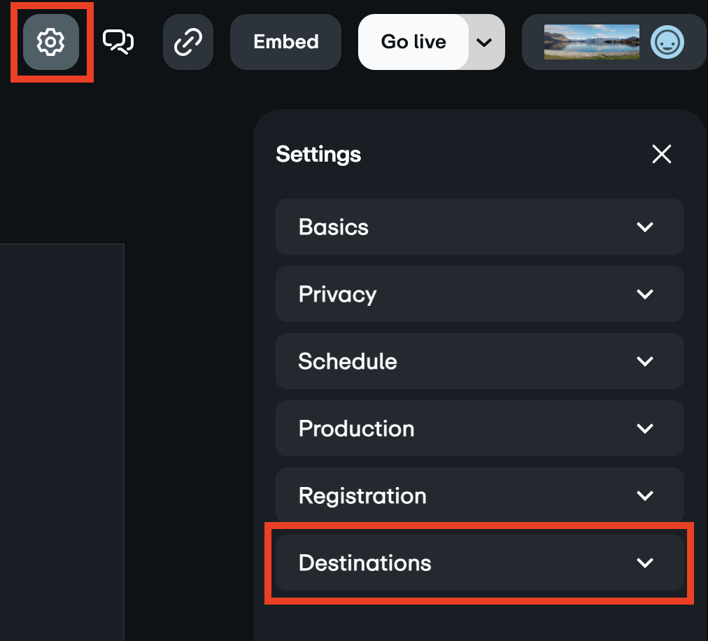 Screenshot highlighting the gearwheel icon at the top of the live settings page, followed by the Destinations panel on the right side of the page.