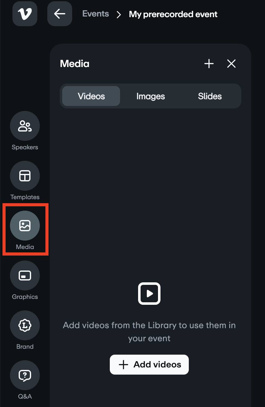 Screenshot, der das linke Navigationsmenü der Produktionsseite für das Live-Event zeigt und die ausgewählte Medienoption hervorhebt. Der Tab Videos ist im geöffneten Bereich ausgewählt.