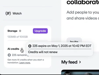 Dashboard view. Hovering over 'AI credits' section (showing 225 remaining) reveals a display stating: '225 expire on May 1, 2025 at 10:42 PM EDT. Credits will not renew'
