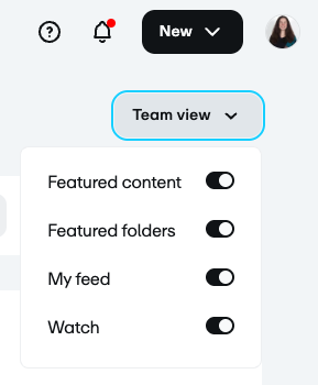 Image shows the upper right hand corner of an Enterprise Owner or Admins' homepage, which has a Team view dropdown menu. The menu is open showing toggles for four options: Featured content, Featured folders, My feed, and Watch.