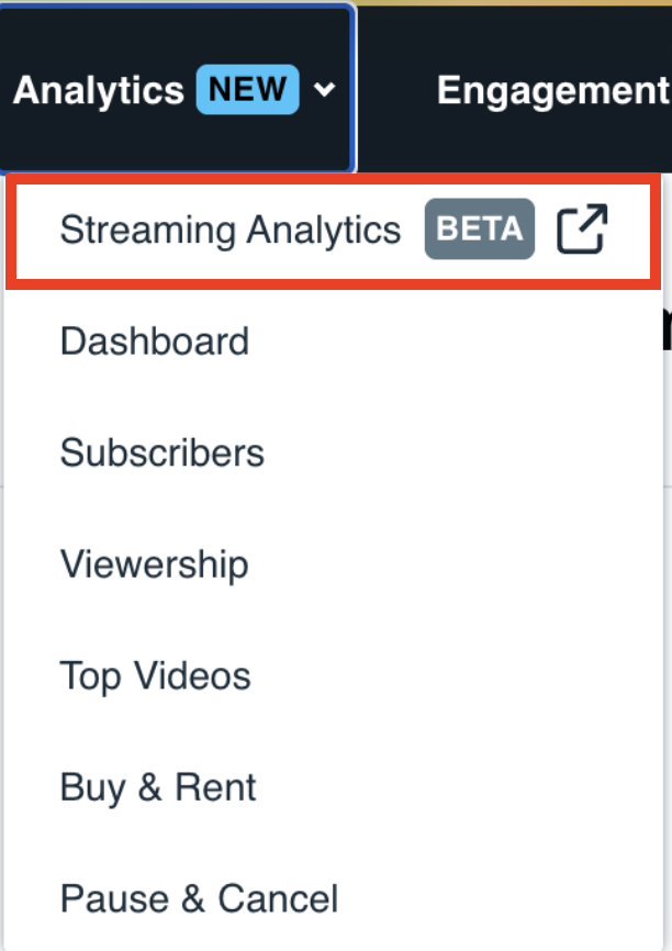 The top navigation of the OTT Admin page, showing the Analytics dropdown menu open with the Streaming Analytics highlighted. It's the first option.
