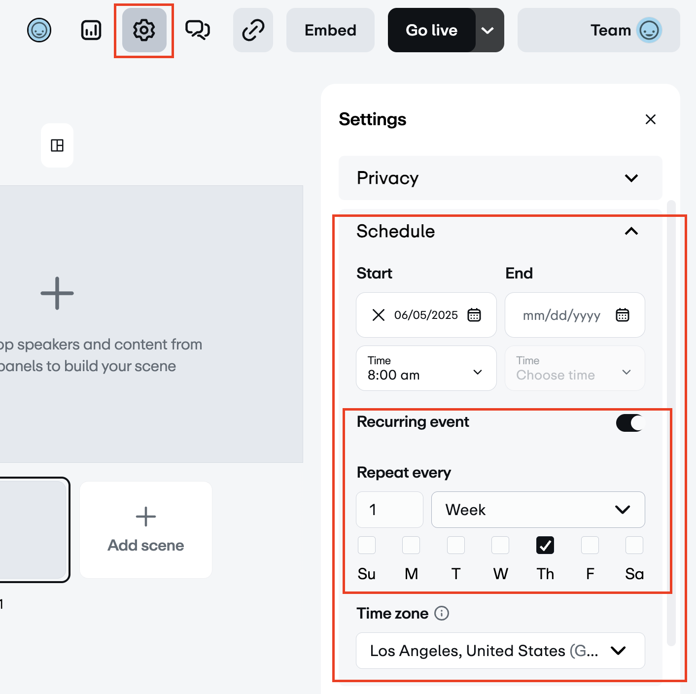 The web-based production studio interface displaying the settings (gear) icon in the top toolbar is selected. This opens the settings panel on the right, where the 'Schedule' section is expanded, showing a start date of 06/05/2025 and that the 'Recurring event' toggle is off