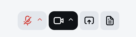 The controls toolbar with four icons: a muted microphone, an active camera, a share screen button, and a document button. The camera button is currently selected.