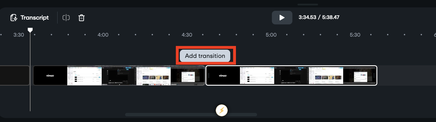 A pop up titled Add transition shows up when clicked between 2 clips.