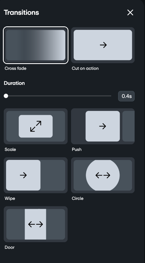 The left side screen opens up a panel for Transitions