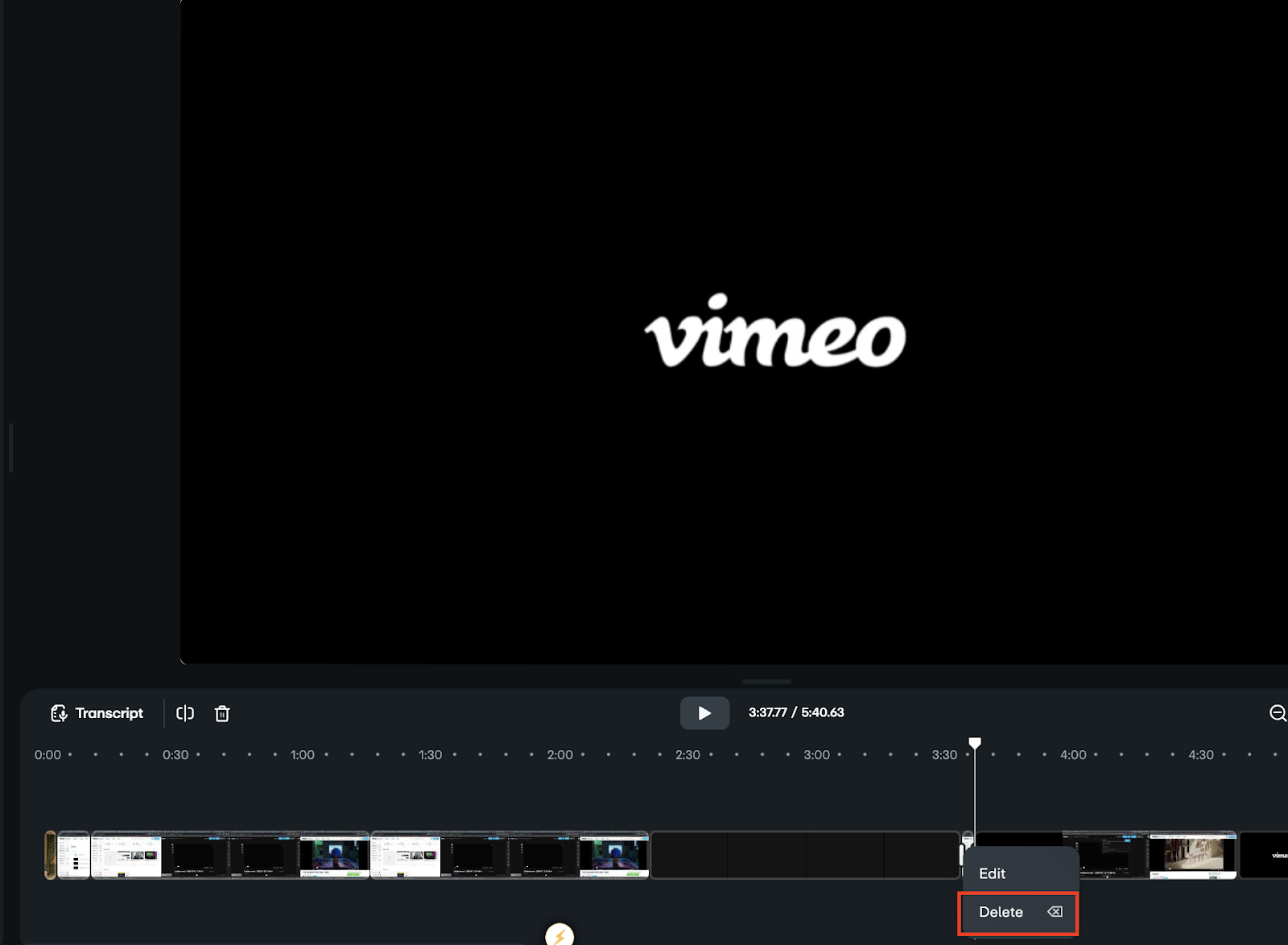 Clicking on the transition point in the video gives options to Edit or delete the transition.