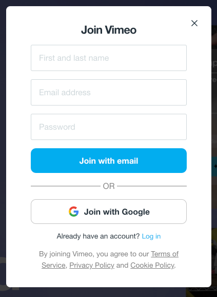 Ein weißen Begrüßungsbildschirm mit Textfeldern für Name, E-Mail-Adresse und Kennwort und einer Schaltfläche mit der Aufschrift „Mit E-Mail-Adresse beitreten“. Es wird auch eine alternative Aufforderung zur Anmeldung bei Google angezeigt.