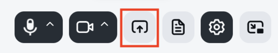 Ein hellgrauer Button für die Bildschirmfreigabe ist rot hervorgehoben und befindet sich zwischen den schwarzen Mikrofon- und Kameratasten auf der linken Seite und den Teleprompter-, schwarzen Einstellungen und schwarzen Download-Buttons auf der rechten Seite.