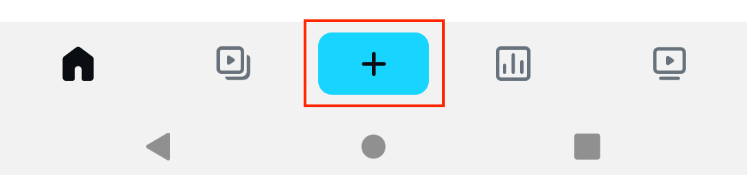 Die Symbolleiste der Homepage der mobilen ZenVideo -App zeigt die Navigationsleiste mit einer hervorgehobenen blauen Schaltfläche „New Video“ in der Mitte. Es hat die Form eines blauen Rechtecks mit einem schwarzen Pluszeichen in der Mitte.