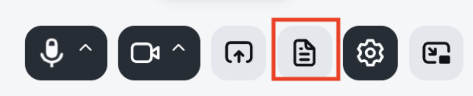 Ein roter Umblick hebt einen hellgrauen, gerundeten quadratischen Button mit einem schwarzen Symbol eines Dokuments mit Strichen hervor, das als Teleprompter-Symbol identifiziert wird. Links davon befinden sich eine hellgraue Schaltfläche für die Bildschirmfreigabe und Schwarze für Mikrofon und Kamera. Rechts davon befinden sich ein schwarzen Button für die Einstellungen und ein schwarzen Download-Button.