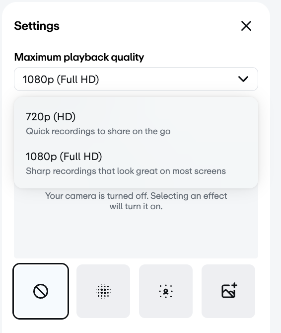  Einstellungsmenü, in dem „max. Wiedergabe “ auf „1080p ( Full HD)“ eingestellt ist, wobei die Optionen für „720p (HD)“ und „1080p ( Full HD)“ sichtbar sind. 