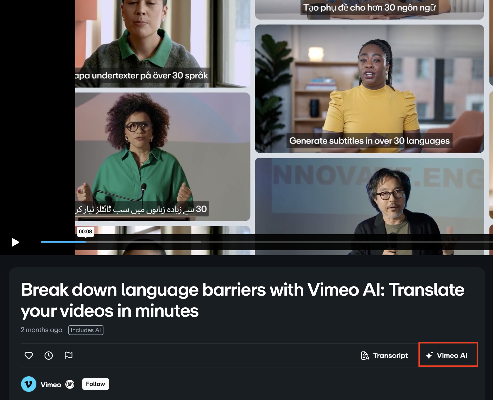 Un lecteur vidéo Vimeo. Sous le lecteur, un titre indique « Brisez les barrières linguistiques avec l'IA Vimeo : traduisez vos vidéos en quelques minutes ». Le bouton « Vimeo AI », situé à droite du titre, est clairement entouré de rouge. 