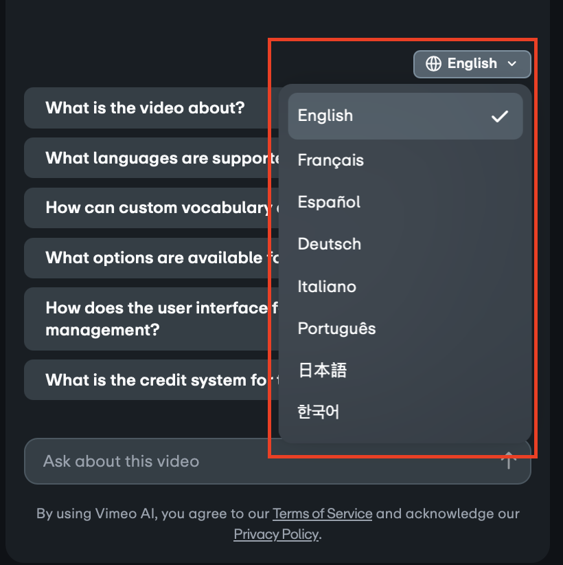 L'interface Ask Vimeo AI affiche un menu déroulant de sélection de langue dans le coin supérieur droit. La liste déroulante des langues « Anglais », ouverte et encadrée en rouge, affiche une liste des langues disponibles, notamment English, Français, Español, Deutsch, Italiano, Português, 日本語 et 한국어.