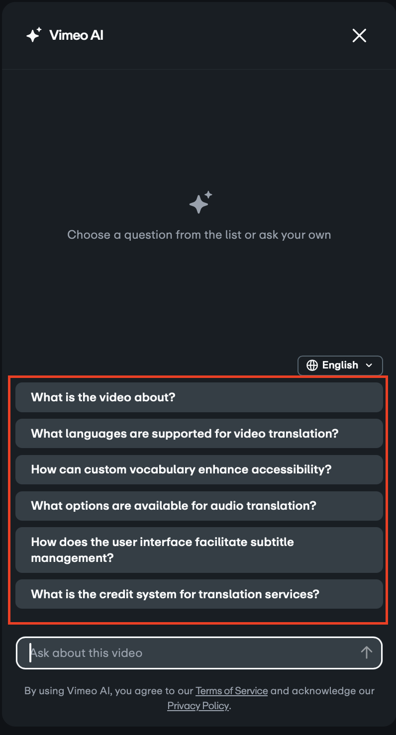 L'interface Ask AI invite les utilisateurs à « Choisir une question dans la liste ou poser la leur ». En dessous, six boutons de questions prédéfinis sont encadrés en rouge, notamment « De quoi parle la vidéo ? » et « Quelles langues sont prises en charge pour la traduction vidéo ? ». Un sélecteur de langue « Anglais » est visible en haut de la liste des questions et un champ de saisie « Poser une question sur cette vidéo » se trouve en bas.