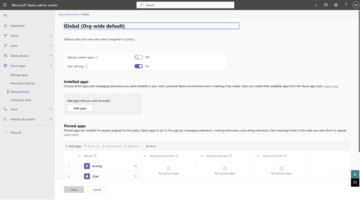 Screenshot of the Microsoft Teams admin center, showing the 'App setup policies' page with 'Global (Org-wide default)' policy selected. The page has toggles for 'Upload custom apps' (Off) and 'User pinning' (On). Below, there's a section for 'Installed apps' with an 'Add apps' button, and 'Pinned apps' displaying 'Activity' and 'Chat' as pinned to the app bar.