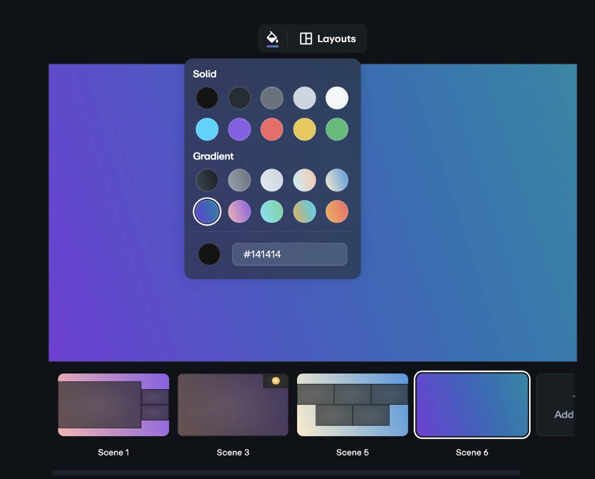 Screenshot showing the live web production stage with the background color selector open. The menu lets users choose solid colors, select gradient options, or input a HEX code for a custom color.