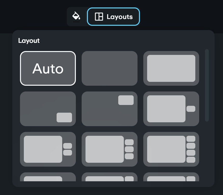 The Layouts menu option is selected and shows the open layouts menu, displaying all the options for displaying the chosen scene's source arrangement