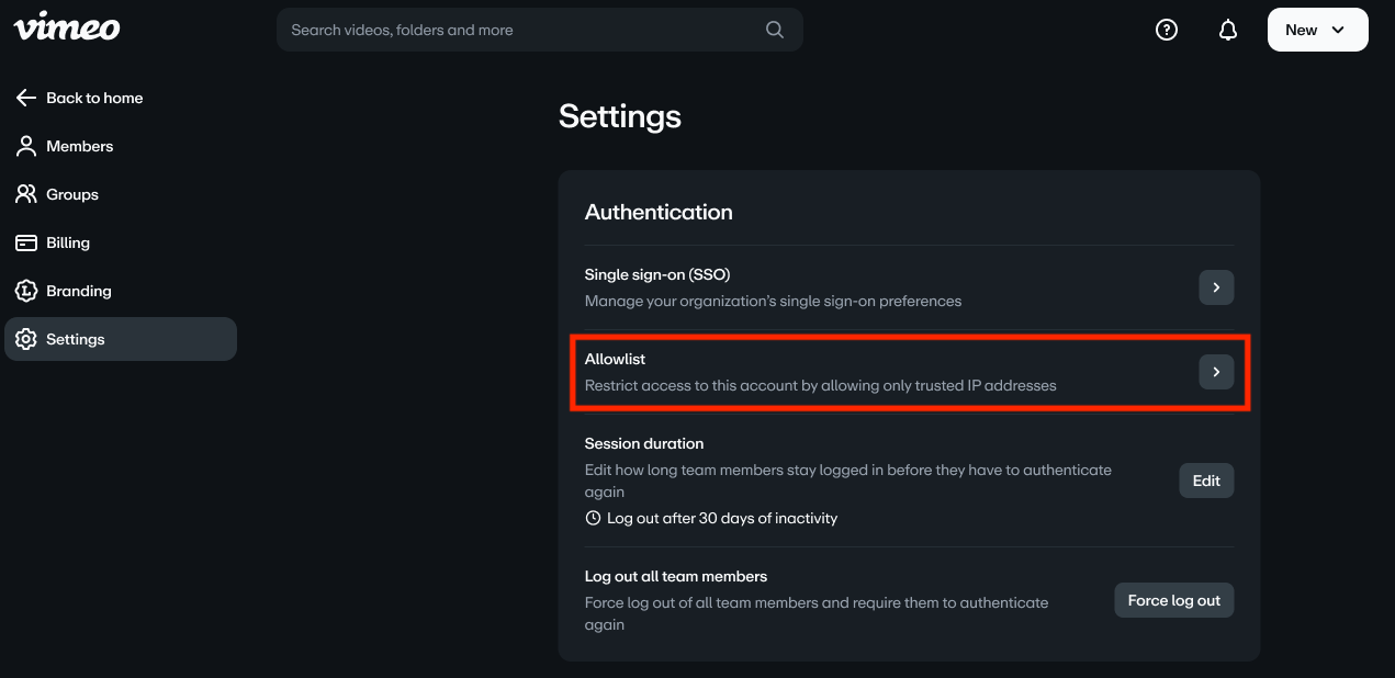 The settings page of a Vimeo Enterprise account. A Vimeo settings page displays 'Authentication' options. Within this section, the 'Allowlist' entry is selected, highlighted by a red outline. The description states: 'Restrict access to this account by allowing only trusted IP addresses.'