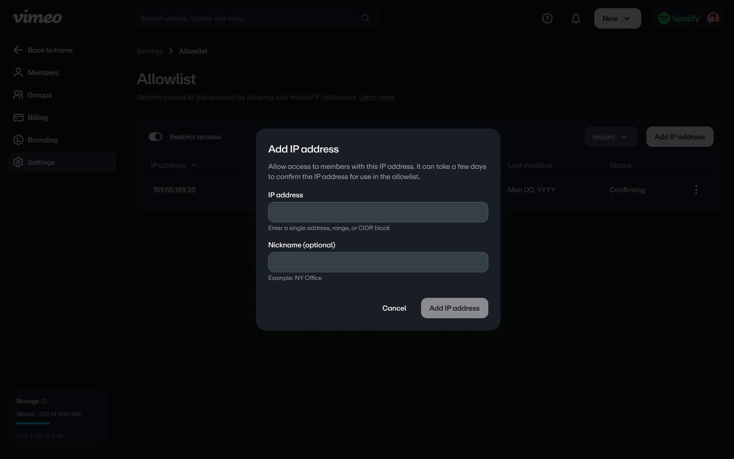 The 'Add IP address' popup is displayed over the 'Allowlist' settings page. The dialog provides an input field for 'IP address' with an example format, and another optional field for a 'Nickname'. It also contains 'Cancel' and 'Add IP address' buttons' 