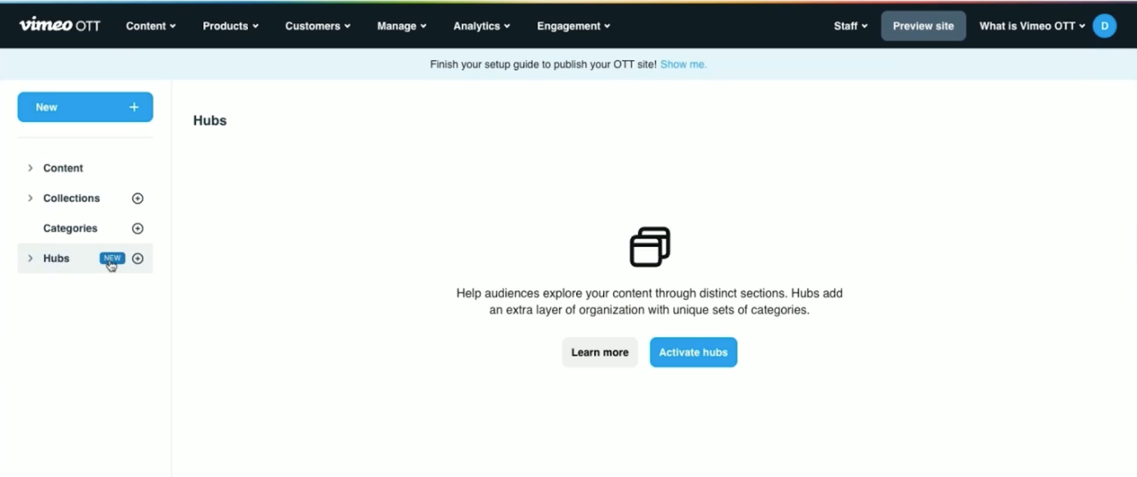 A screenshot of the Vimeo OTT dashboard showing the empty "Hubs" page with a prompt to "Activate hubs" to help organize content.