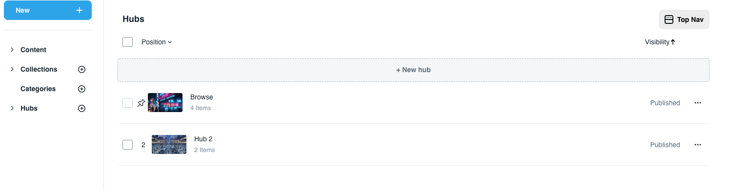 An image of the Vimeo OTT dashboard's "Hubs" page. The page now lists two hubs: "Browse" with 4 items and "Hub 2" with 2 items. Both hubs are marked as "Published."