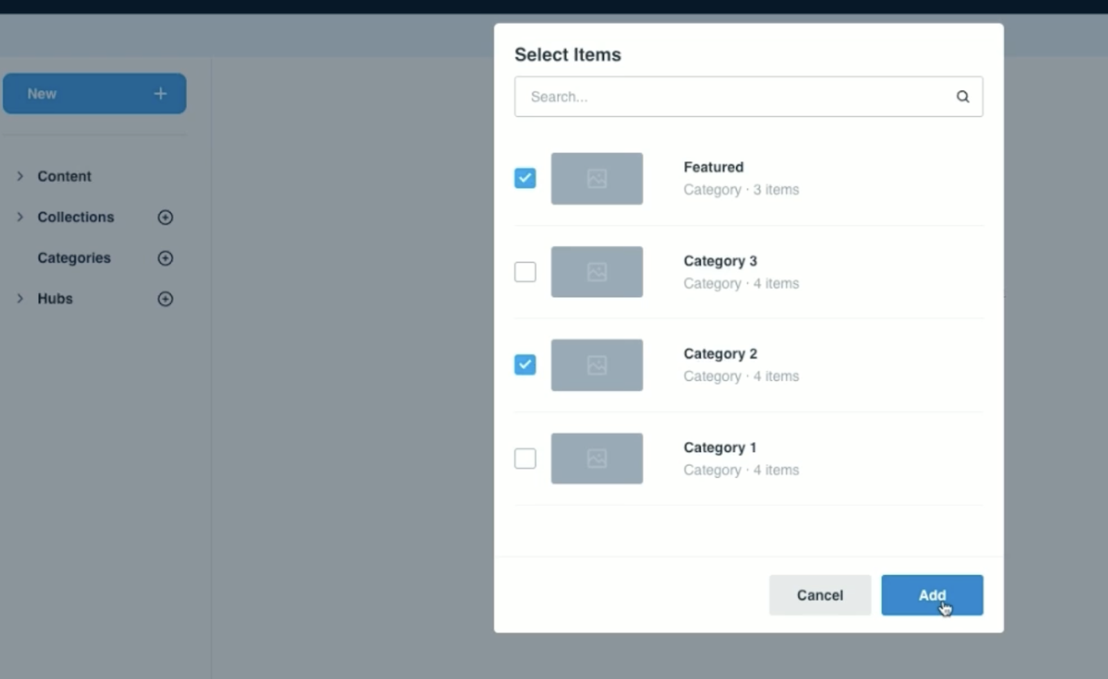 A modal window on the Vimeo OTT dashboard titled "Select Items." The user is selecting categories to add, with "Featured" and "Category 2" currently checked. A search bar is at the top, and "Cancel" and "Add" buttons are at the bottom.